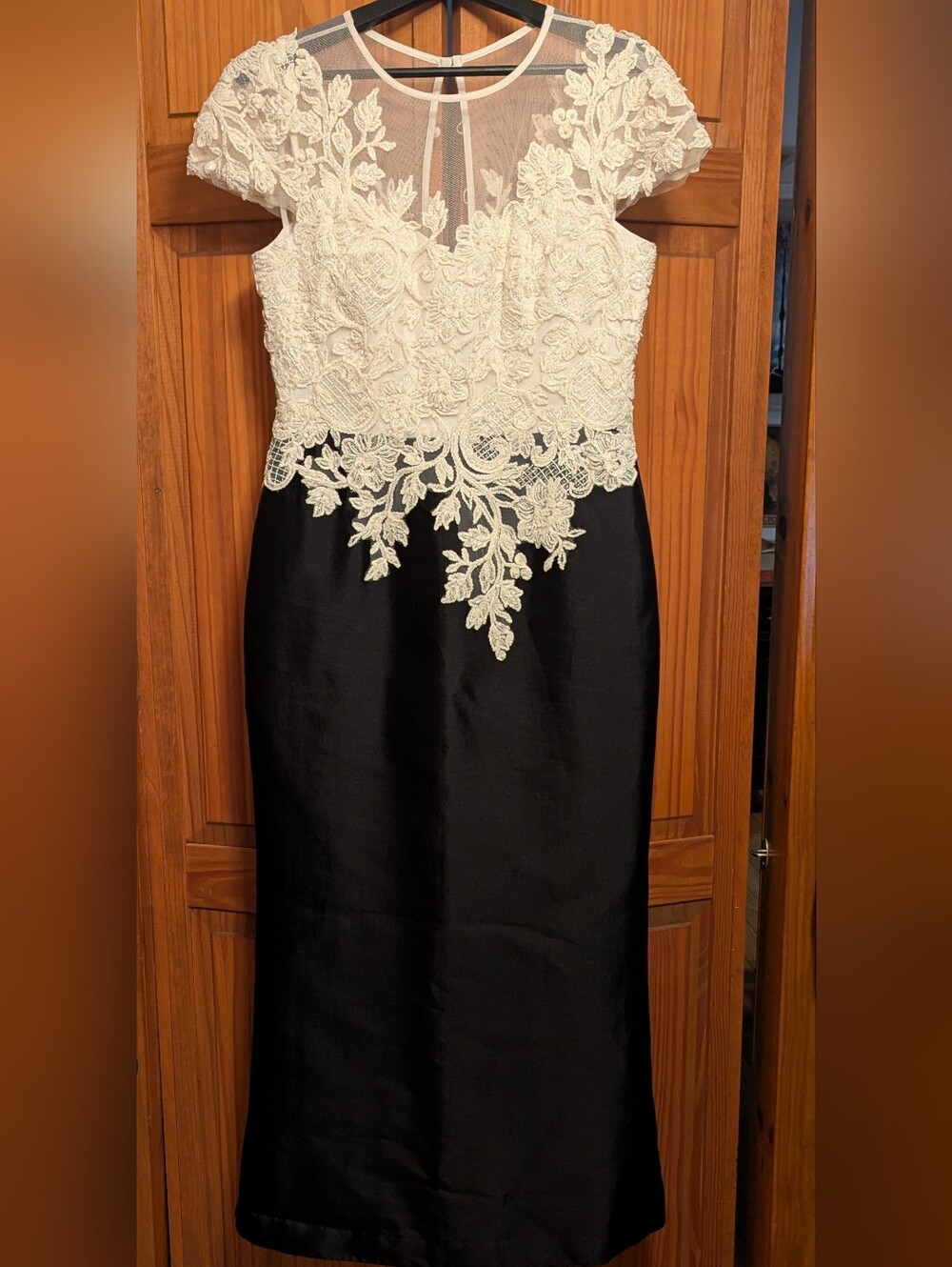 Teri Jon Black Satin Maxi Dress with Ivory Lace Bodice